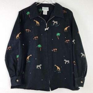 VTG Quaker Factory Black Full Zip Giraffe Zebra Monkey Jacket Women's 1X Plus